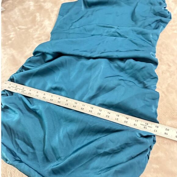 Lulus Mini Dress Women's L Teal Blue Satin One Shoulder Ruched Sleeveless New - Picture 9 of 12